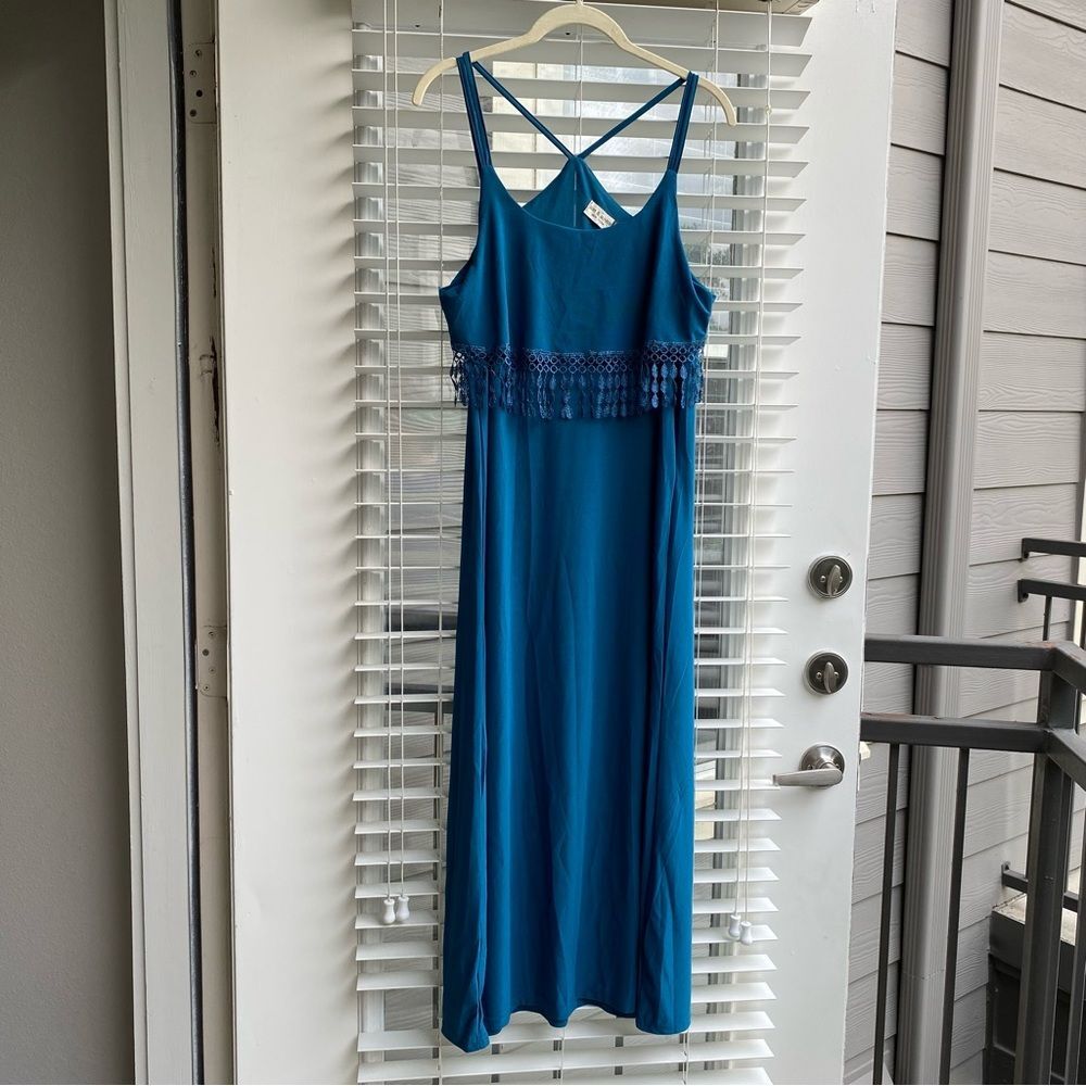 Jon & Anna Womens Small Teal Strappy Sleeve Fringe Tassels A-Line Maxi Dress - Picture 2 of 6